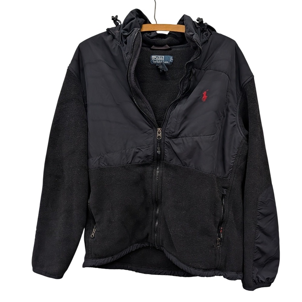 Polo Ralph Lauren Men's Black Hybrid Fleece Full Zip Hooded Jacket Red Pony- L